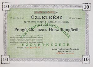 Pestvidéki Mezőgazdák Szövetkezete üzletrész 10x2 20 pengő 1940