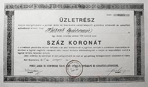 Pomzi Jrsi s Szentendre Vrosi Kzponti Gymlcs  rtkest s Szeszfz Szvetkezet zletrsz 100 korona 1918