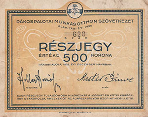 Rákospalotai Munkásotthon Szövetkezet részjegy 500 korona 1922 Rákospalota