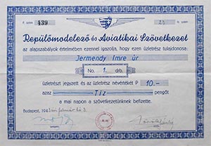 Repülőmodellező és Aviatikai Szövetkezet részjegy 10 pengő 1943