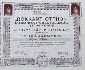 "Rokkant Otthon" Rokkantak Ipari és Gazdasági Szövetkezete részjegy 100 korona 1920