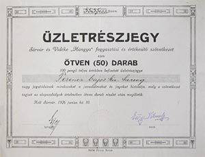 Sárvár és Vidéke Hangya Fogyasztási és Értékesítő Szövetkezet üzletrészjegy 100 pengő 1926