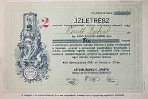 Sátoraljaújhelyi Hangya Fogyasztási és Értékesítő Szövetkezet üzletrész 10 korona 1918