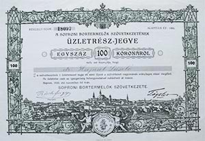 Soproni Bortermelők Szövetkezete üzletrészjegy 100 korona 1920 Sopron