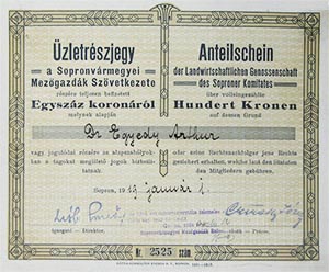 Sopronvármegyei Mezőgazdák Szövetkezete üzletrészjegy 100 korona 1919 Sopron