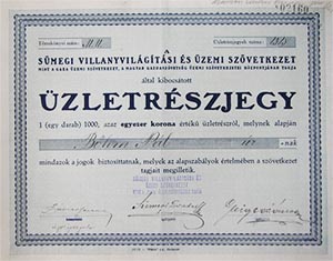 Sümegi Villanyvilágítási és Üzemi Szövetkezet üzletrészjegy 1000 korona