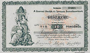 Szarvasi Gazdák és Iparosok Szövetkezete részjegy 10 pengő 1928 Szarvas