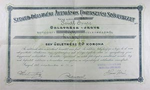 Szeged-Délvidéki Általános Fogyasztási Szövetkezet üzletrészjegy 20 korona 1908