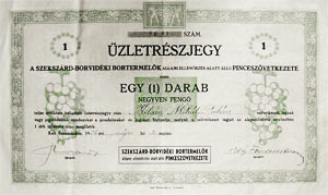 Szekszárd-Borvidéki Bortermelők Pinceszövetkezete üzletrészjegy 40 pengő 1936