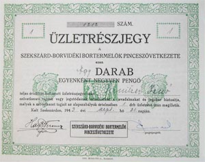 Szekszrd-Borvidki Bortermelk Pinceszvetkezete zletrszjegy 40 peng 1943