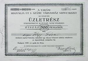 Tabáni Hegyalja út 5. Számú Társasház Szövetkezet üzletrész 10x50 500 pengő 1929