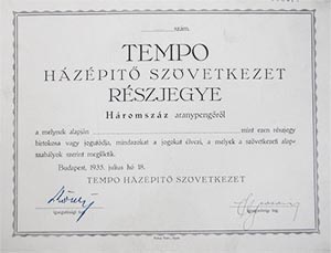 Tempo Házépítő Szövetkezet részjegy 300 aranypengő 1935