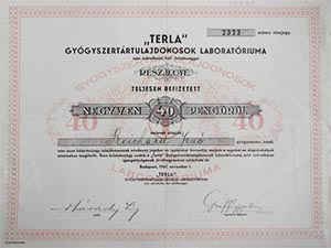 Terla Gyógyszertártulajdonosok Laboratóriuma Mint Szövetkezet részjegy 40 pengő 1941
