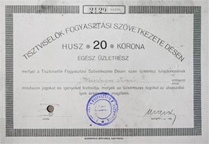 Tisztviselők Fogyasztási Szövetkezete Désen üzletrész 20 korona Dés