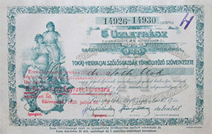 Tokaj Hegyaljai Szlsgazdk Trklyfz Szvetkezete rszjegy 5x25 125 korona 1916 Srospatak