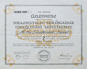 Tokajhegyaljai Szlsgazdk Trklyfz Szvetkezete zletrsz  10x2 peng 1926 Srospatak