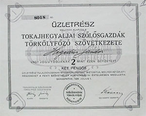 Tokajhegyaljai Szlsgazdk Trklyfz Szvetkezete zletrsz  2 peng 1926 Srospatak