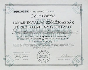 Tokajhegyaljai Szőlősgazdák Törkölyfőző Szövetkezete üzletrész 25x2 pengő 1926 Sárospatak
