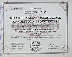 Tokajhegyaljai Szőlősgazdák Törkölyfőző Szövetkezete üzletrész 5x2 pengő 1926 Sárospatak