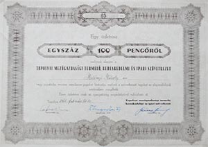 Topolyai Mezőgazdasági Termelő, Kereskedelmi és Ipari Szövetkezet üzletrész 100 pengő 1944