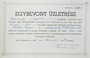 Trapéz Ház Szövetkezet egybevont üzletrész 1000 pengő 1940