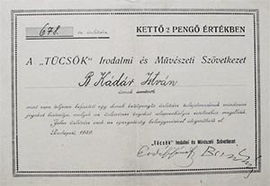Tücsök Irodalmi és Művészeti Szövetkezet üzletrész 2 pengő 1939