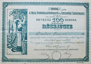 Váczi Gyümölcsértékesítő és Szeszfőző Szövetkezet részjegy 100 korona 1917 Vác