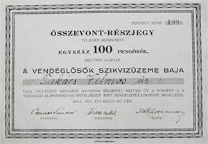 Vendéglősök Szikvízüzeme Baja összevont-részjegy 100 pengő 1929