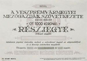 Veszprmvrmegyei Mezgazdk Szvetkezete rszjegy 5000 korona KNER MINTA