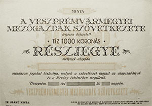 Veszprmvrmegyei Mezgazdk Szvetkezete rszjegy 10000 korona KNER MINTA