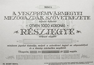 Veszprémvármegyei Mezőgazdák Szövetkezete részjegy 50000 korona KNER MINTA