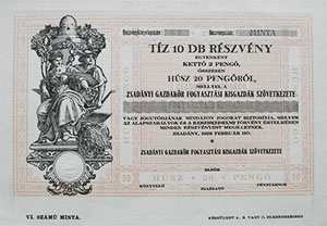 Zsadnyi Gazdakr Fogyasztsi Kisgazdk Szvetkezete rszvny 10x2 20 peng 1926