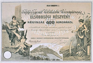 Erdlyi Egyeslt Kereskedelmi Rszvnytrsasg elsbbsgi rszvny 400 korona 1914 Dva