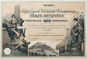 Erdélyi Egyesült Kereskedelmi Részvénytársaság törzs-részvény 400 korona 1914 Déva