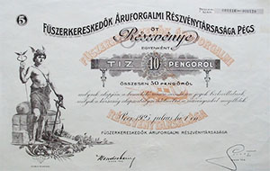 Fszerkereskedk ruforgalmi Rszvnytrsasg Pcs rszvny 5x10 pengo 1925