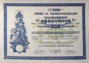 Ipari és Kereskedelmi Részvénytársaság Szombathely részvény 1000 korona 1922