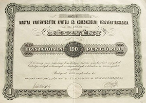 Magyar Vadtenyésztők Kiviteli és Kereskedelmi Részvénytársasága részvény 150 pengő 1939