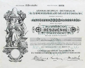 Sátoraljaújhelyi Áruforgalmi és Terményértékesítő Részvénytársaság részvény 2000 korona 1921