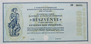 Baranyavármegyei Kőszénbánya Részvénytársaság Pécsvárad részvény 100x10 1000 pengő 1929 MINTA