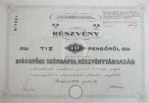 Diósgyőri Szénbánya Részvénytársaság részvény 10 pengő 1926