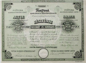 Fortuna Aranybánya Részvénytársaság részvény 25 korona 1896