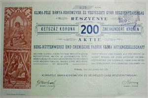 Klima-féle Bánya-Kohóművek és Vegyészeti Gyár Részvénytársaság részvény 200 korona 1911 Pernek