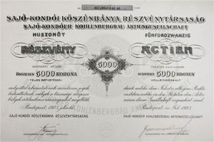 Sajó-Kondói Kőszánbánya Részvénytársaság részvény 25x200 5000 korona 1923