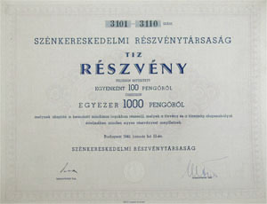 Szénkereskedelmi Részvénytársaság részvény 10x100 1000 pengő 1940