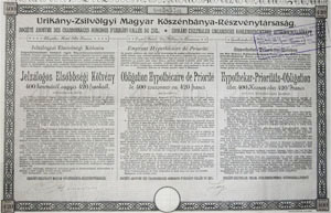 Urikány-Zsilvölgyi Magyar Kőszénbánya Részvénytársaság jelzálogos elsőbbségi kötvény 400 korona 420 frank 1905