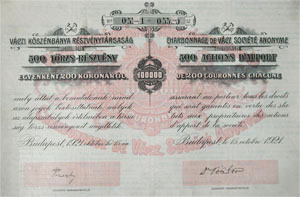 Váczi Kőszénbánya Részvénytársaság törzsrészvény 500x200 100000 korona 1921 Vác