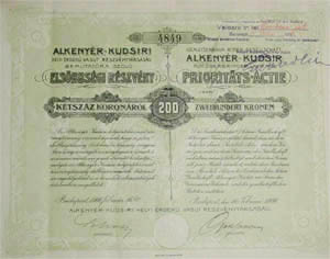 Alkenyr-Kudsiri Helyi rdek Vast Rszvnytrsasg elsbbsgi rszvny 200 korona 1906