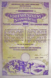 Arad-Hegyaljai Helyi rdek Motoros-Vast Rszvnytrsasg rszvny 100 korona 1905
