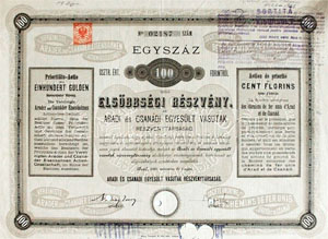 Aradi s Csandi Egyeslt Vasutak Rszvnytrsasg elsbbsgi rszvny 100 forint 1886 Arad