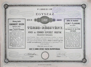 Aradi s Csandi Egyeslt Vasutak Rszvnytrsasg trzs-rszvny 100 forint 1886 Arad